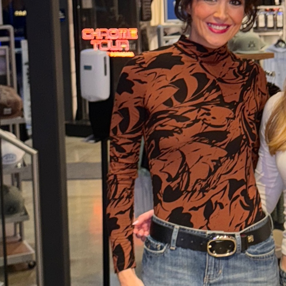 BODYSUIT turtleneck Stylish print Brown and Black Women's going-out Top